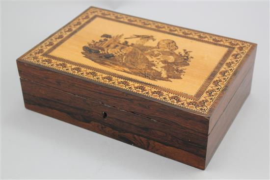A Tunbridgeware rosewood Prince of Wales mosaic jewellery box, 9in.